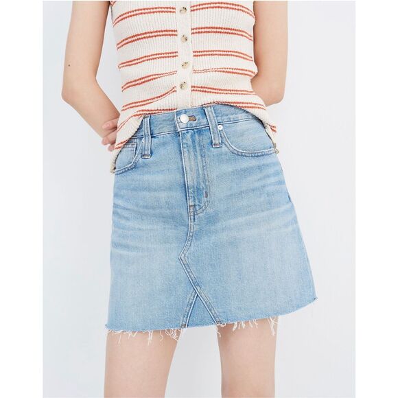 Madewell Rigid Denim A-Line Mini Skirt in Lovell Wash Raw Hem Size 26 A Line - Picture 1 of 8